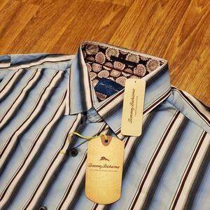 Tommy Bahama Shirt Men Large Blue Shadow Stripe L/S Coastline Silk Blend New